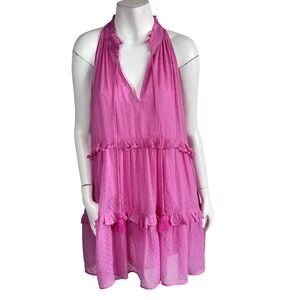Roller Rabbit Swiss Dot Pink Swing Dress Tassel L Resort Coquette Sundress